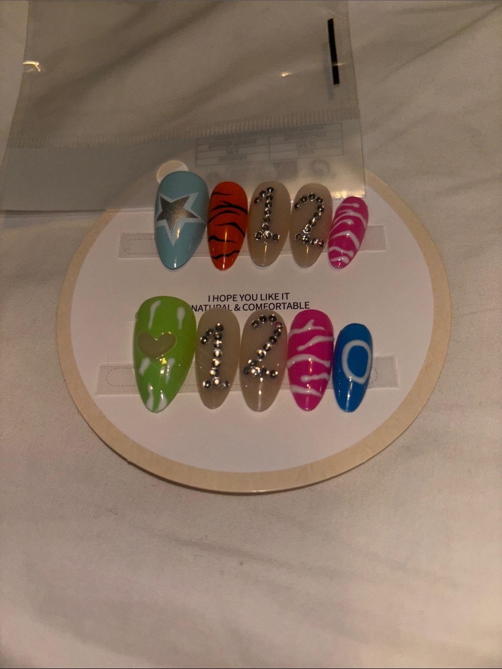 Assorted Press-On Nail Set with Neon Designs & Rhinestones
